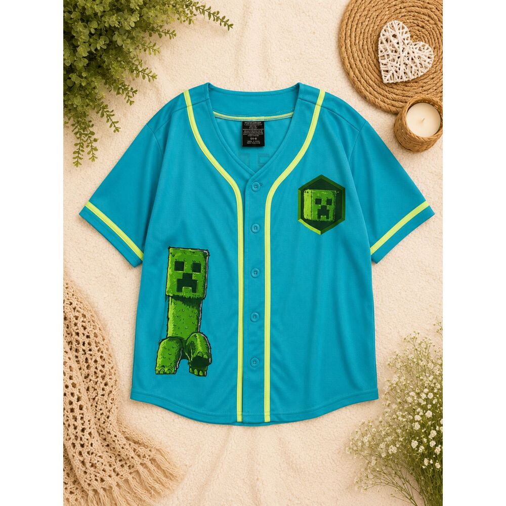 Minecraft Movie Creeper Youth Baseball Jersey Shirt Blue Button Front Size S